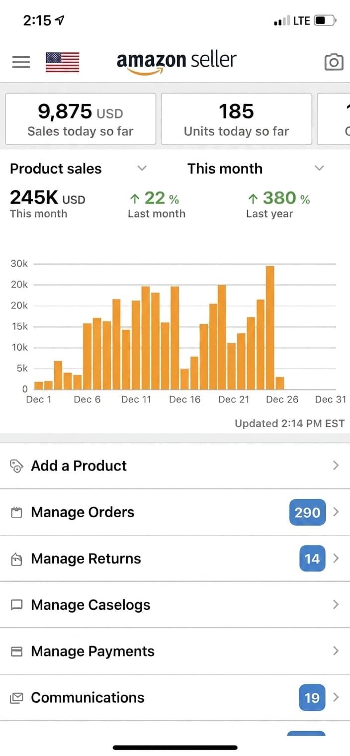 Amazon Seller app showing $245K in monthly product sales for December.
