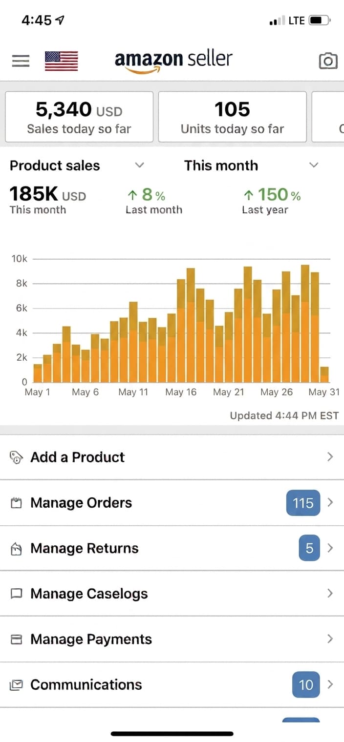 Amazon Seller app showing $185K in monthly product sales for May.