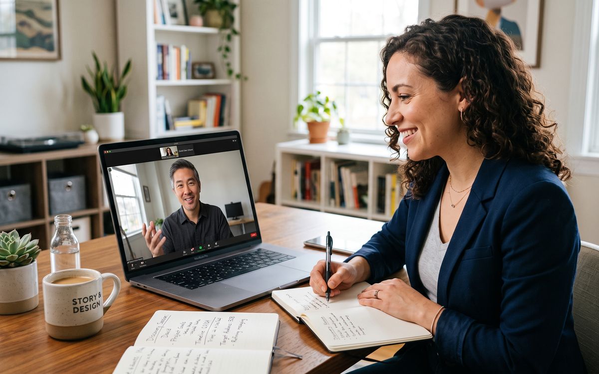 A partner on a video consultation call, taking notes